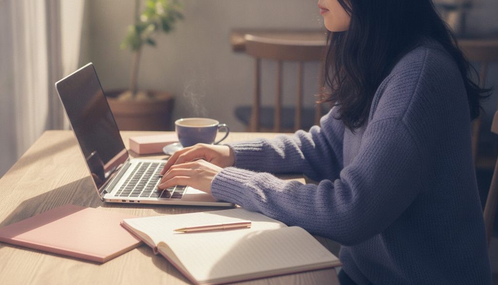 カフェでノートとパソコンを比較検討する手元