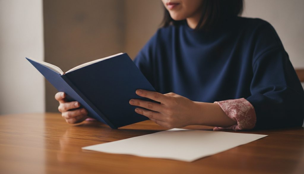 カフェのテーブルでノートと書類を見る手のクローズアップ