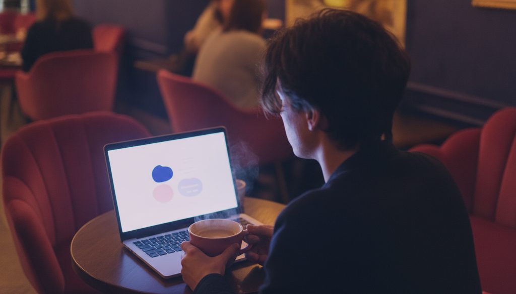 カフェでパソコンを見つめ、思案する日本人