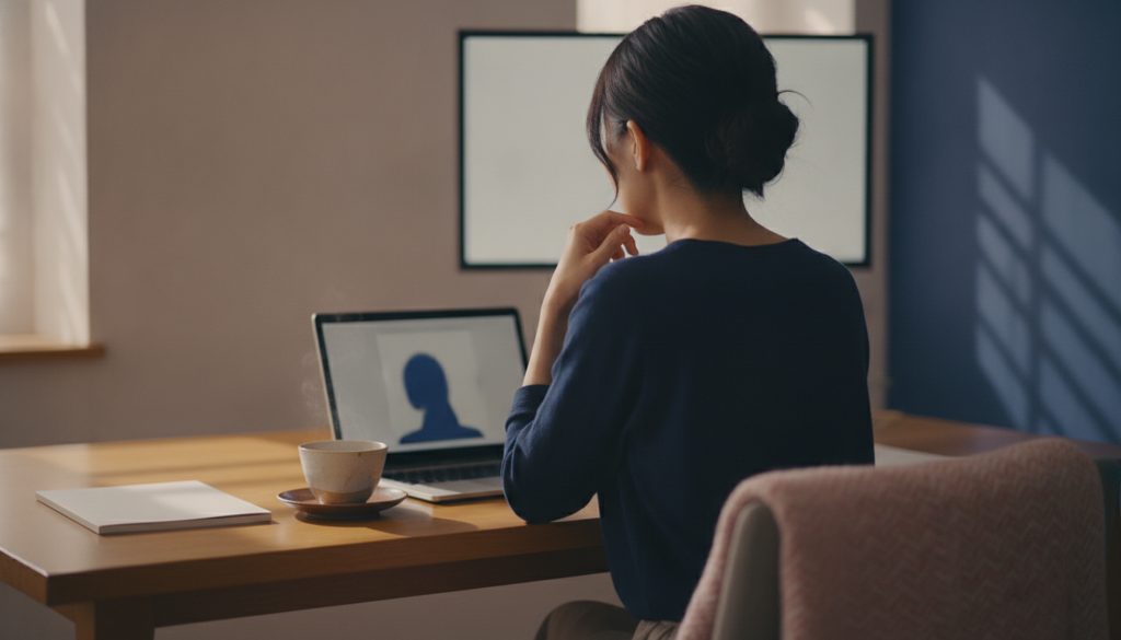 自宅でノートPCの画面を見つめる女性の後ろ姿