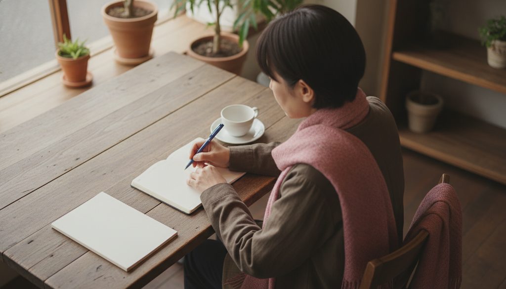 カフェで手帳を広げ考える手元