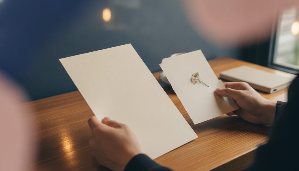 カフェのテーブルで書類を見比べる手元