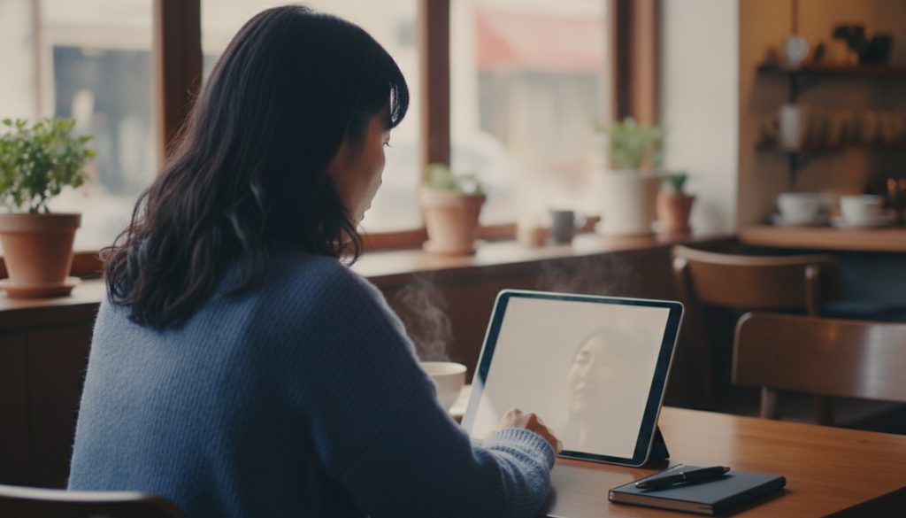 カフェでタブレットを使う女性の後ろ姿