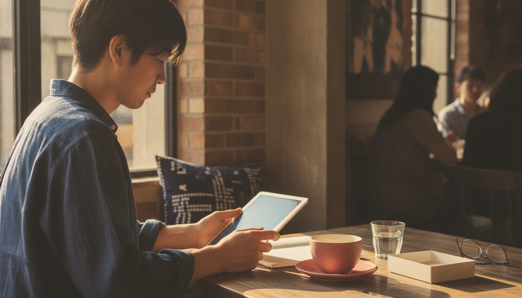 カフェでタブレットを見る人の後ろ姿