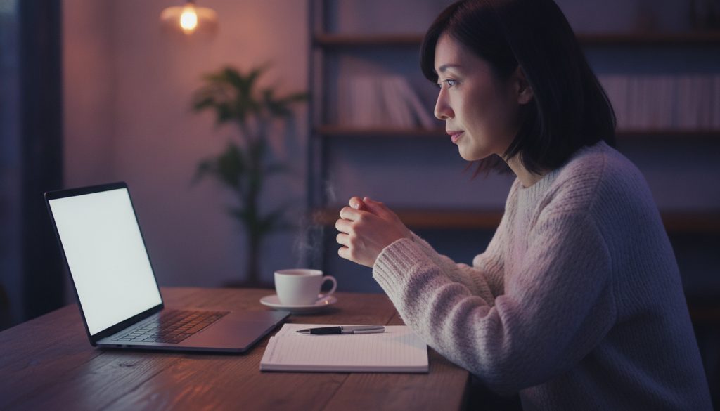 カフェでノートPCと手帳を見る女性の様子