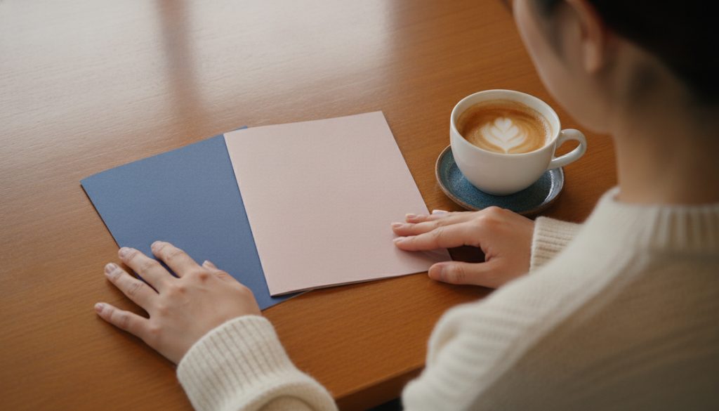 カフェテーブルで資料を比べる手元