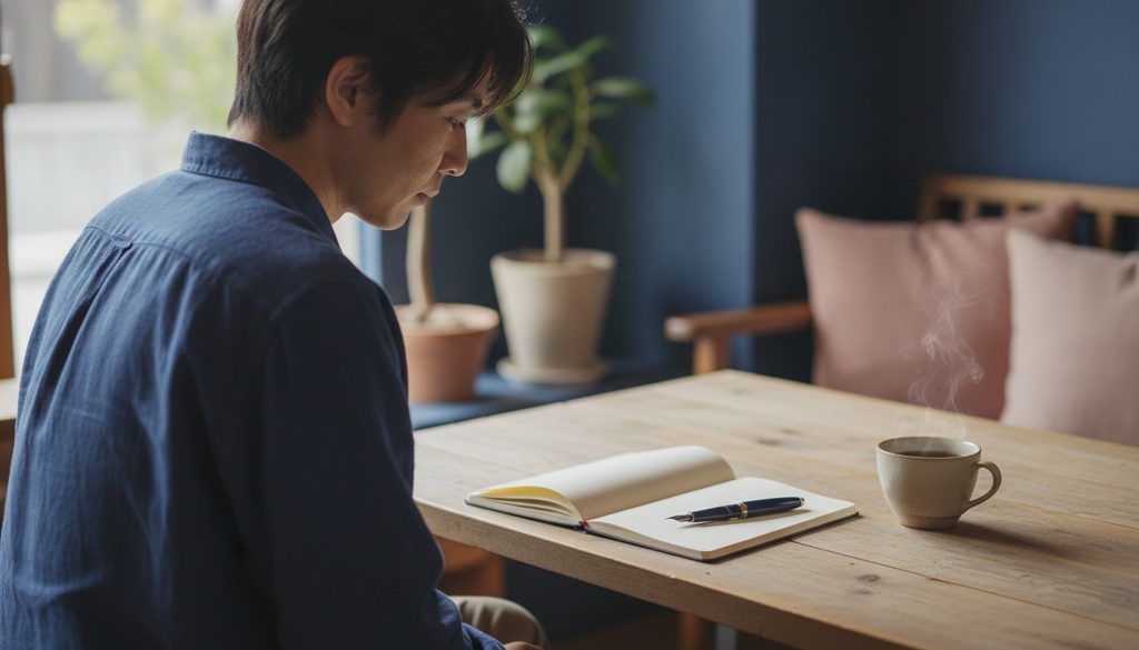 カフェでノートを前にペンを置く人の後ろ姿