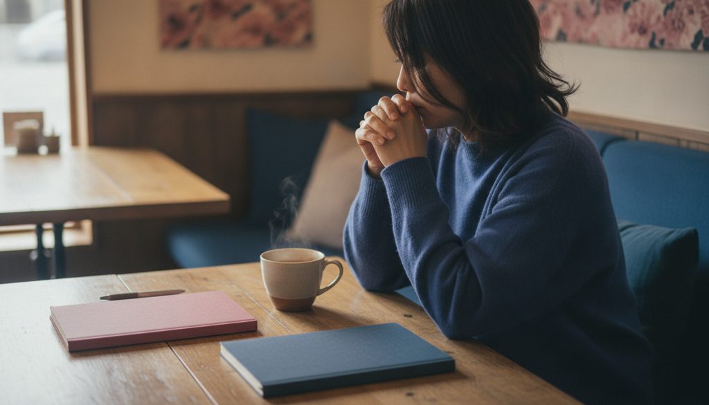 カフェで手帳を並べて考えている女性の手元