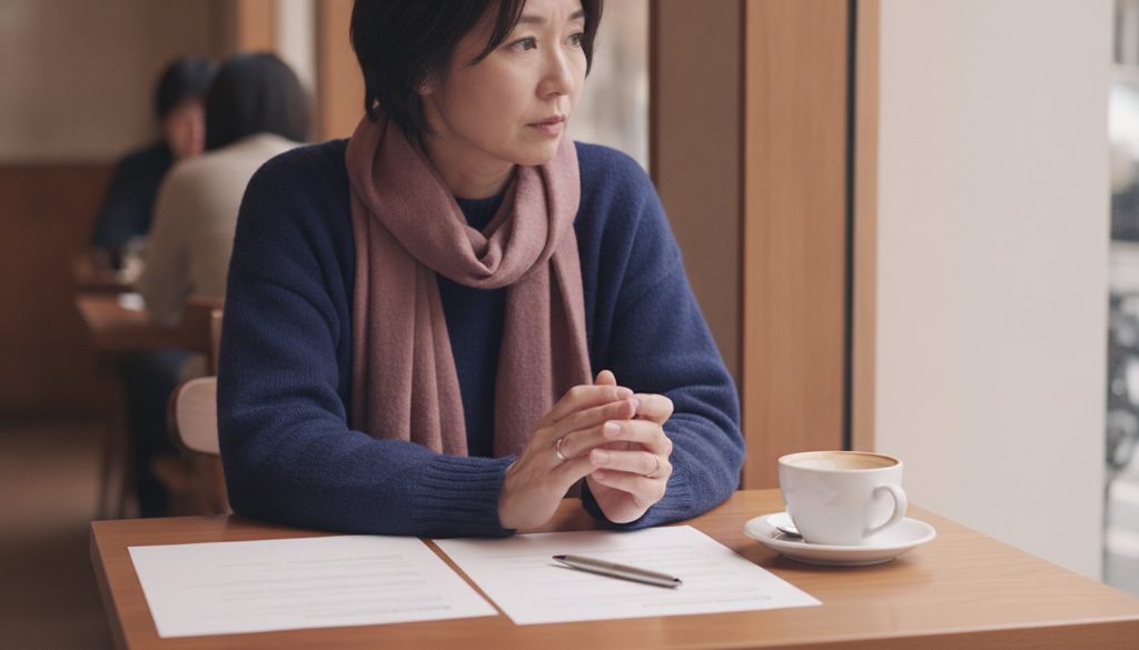カフェで書類を前に考え込む人
