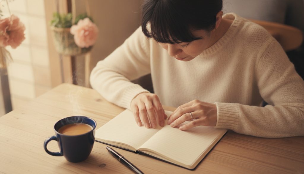 カフェで手帳を広げ、考え込む手元