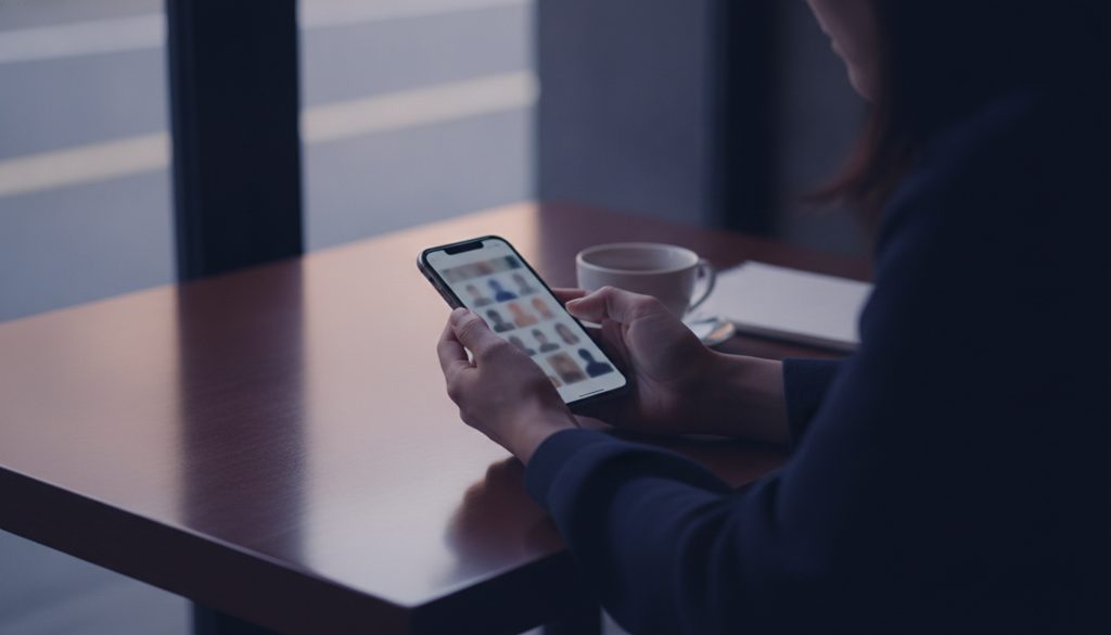 カフェのテーブルでスマートフォンを操作する手元