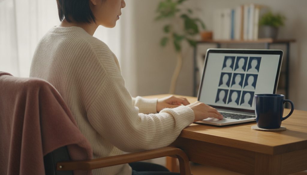 自宅のデスクでパソコン画面を見る人の背中
