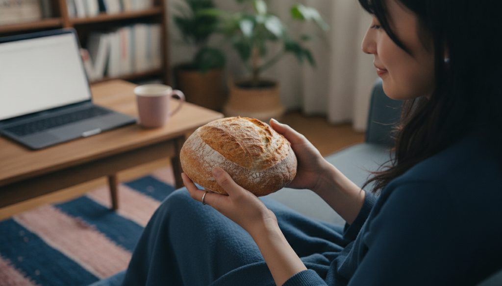 自宅で焼きたてのパンを持つ女性の手元