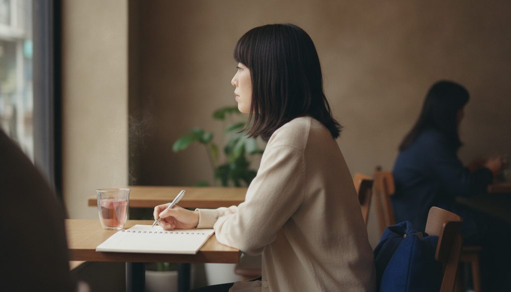 カフェでノートに思考を巡らせる女性