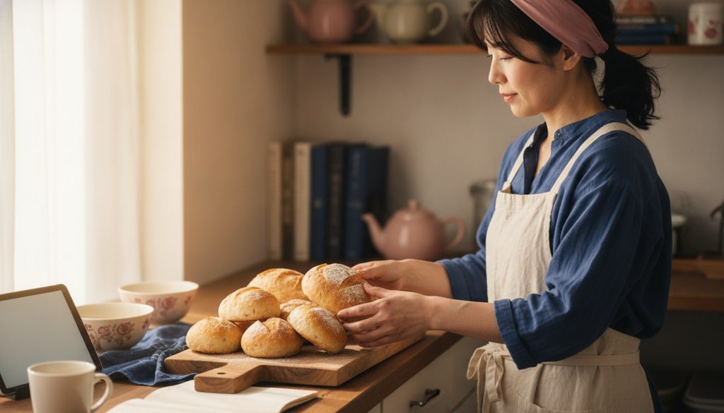 焼きたてのパンを並べる女性の手元とキッチン