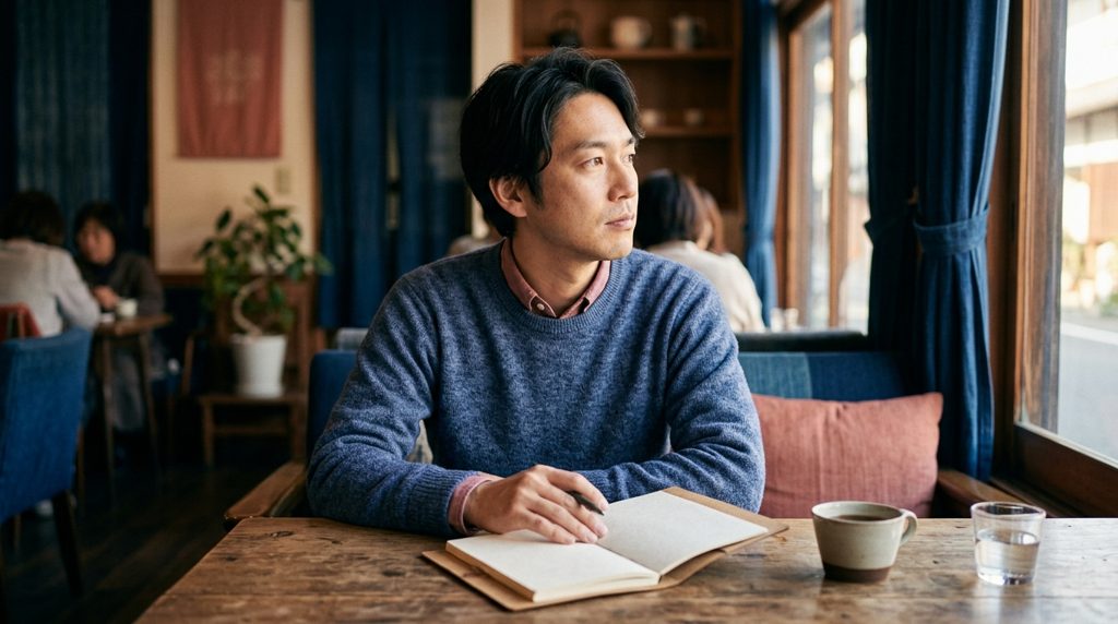 男性の手がノートに置かれ、カフェで思案している様子