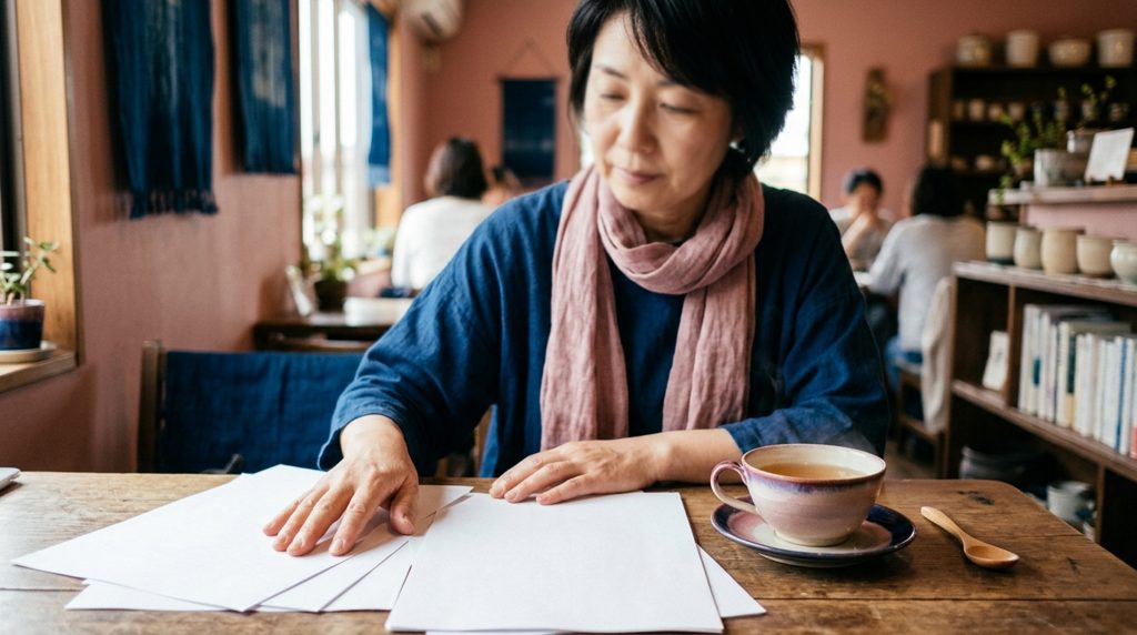 テーブルに広げられた資料を眺める手元
