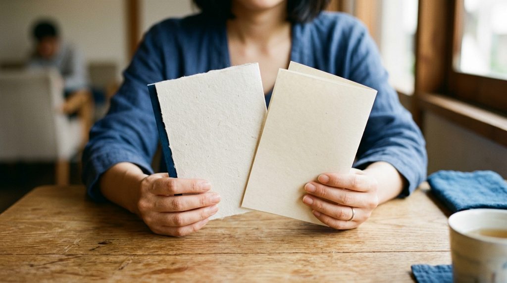 温かい木目のテーブルで、資料を手に検討する人の手元