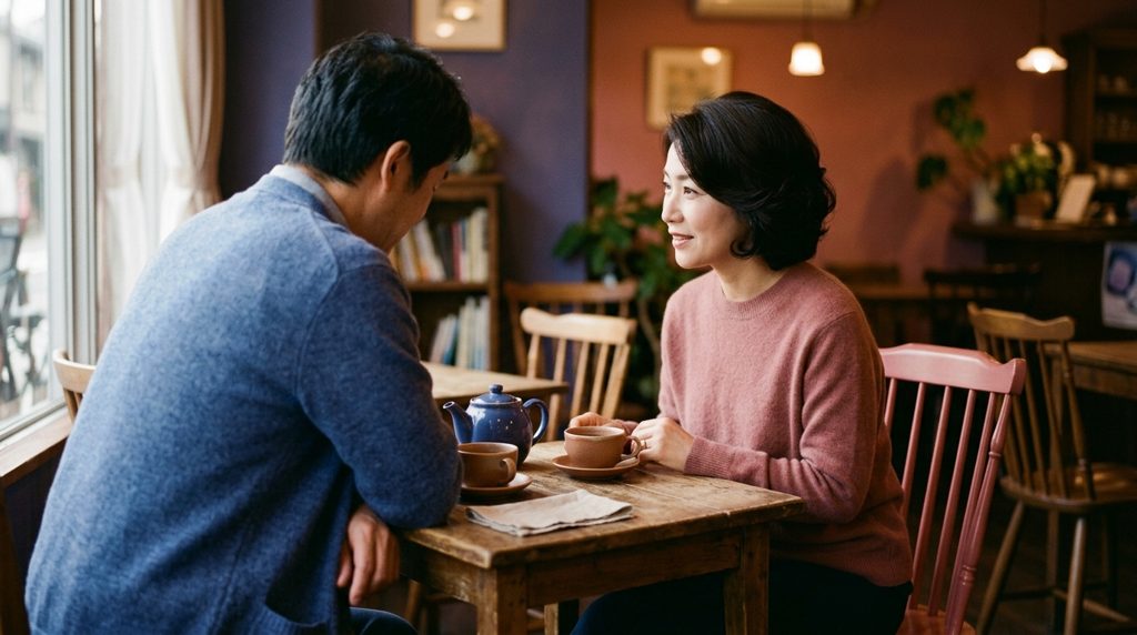 カフェで相談する2人の日本人成人。後ろ姿と横顔。