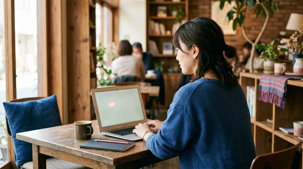 カフェでノートPCを見つめる20代女性の背中