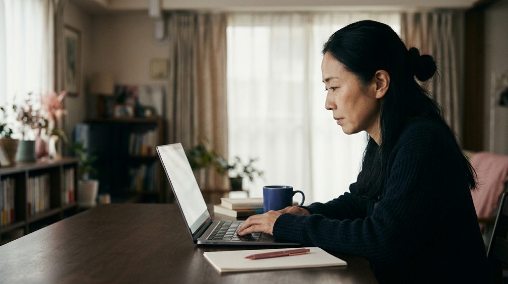 落ち着いた部屋でパソコンとノートに向かう人物