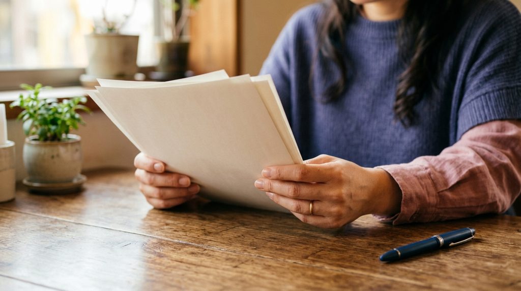 テーブルの上で書類を確認する人の手元