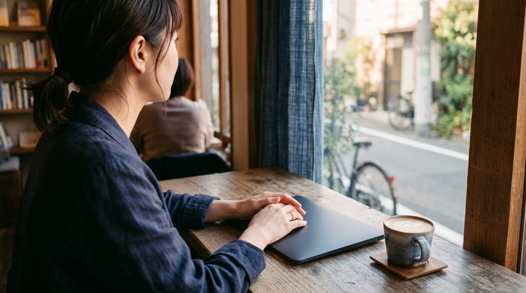 カフェで閉じたノートパソコンに手を添える女性