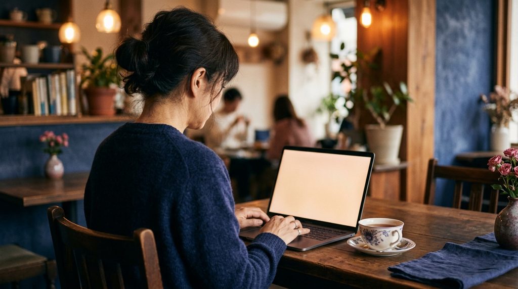 カフェでノートPCを見る50代女性の後ろ姿