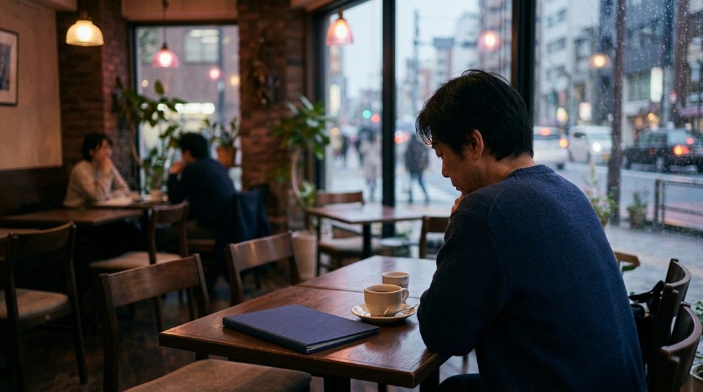カフェで書類フォルダを前に座る人