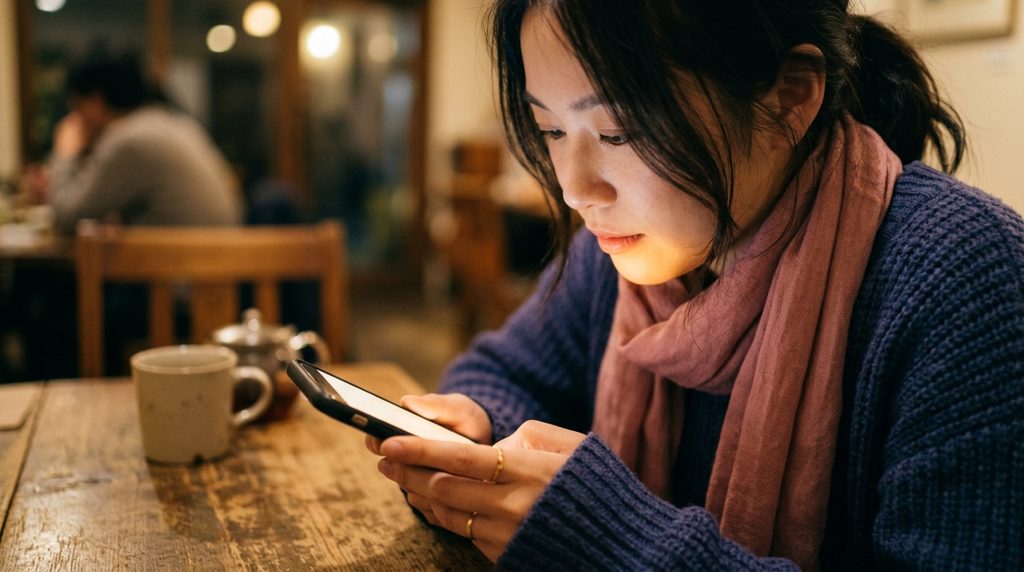 スマートフォンを見つめる手元と顎