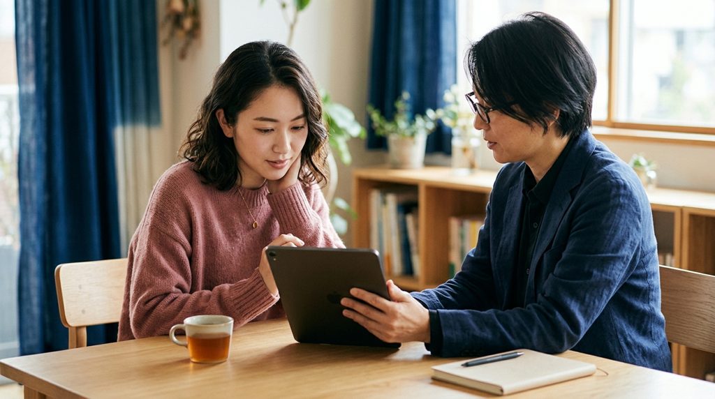 日本人が相談員とタブレット画面を見る様子
