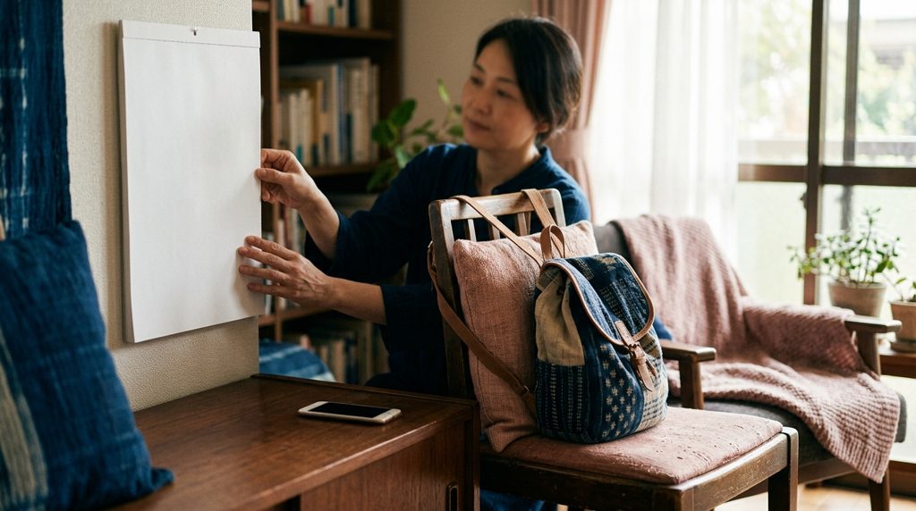 壁掛けカレンダーを眺める日本人の手と、子どものリュックが置かれたリビング