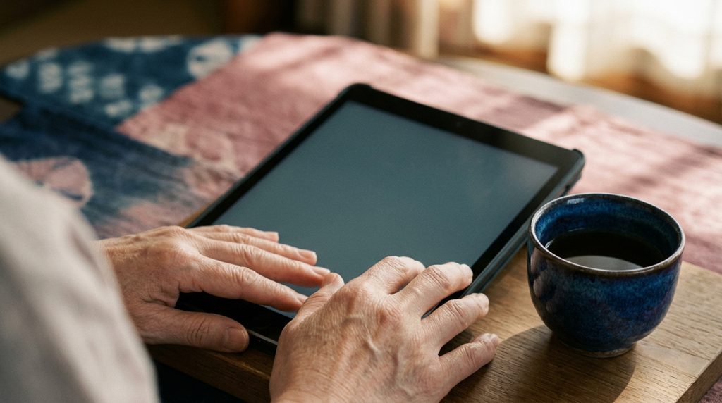 窓からの光が差し込む部屋でタブレットを見る手元