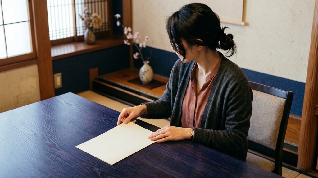 相談室で書類を置く女性の手元