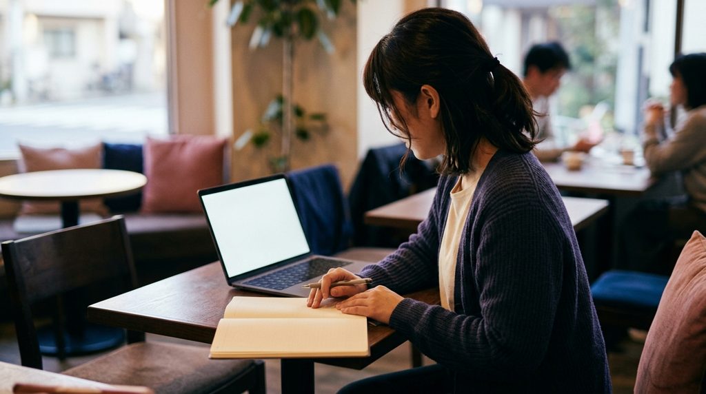 カフェでPC画面と手帳を真剣に見つめる女性の手元