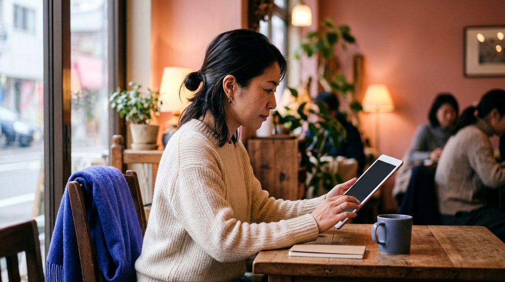 カフェでタブレット画面を真剣に見る女性の横顔