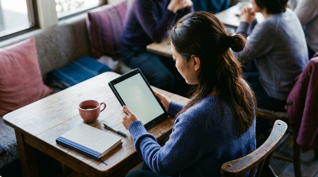 カフェでタブレットを見つめる女性の横顔