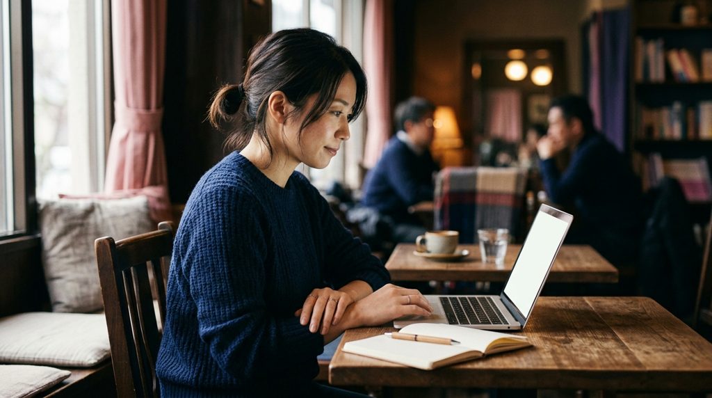 カフェでノートPCとノートを見つめる女性