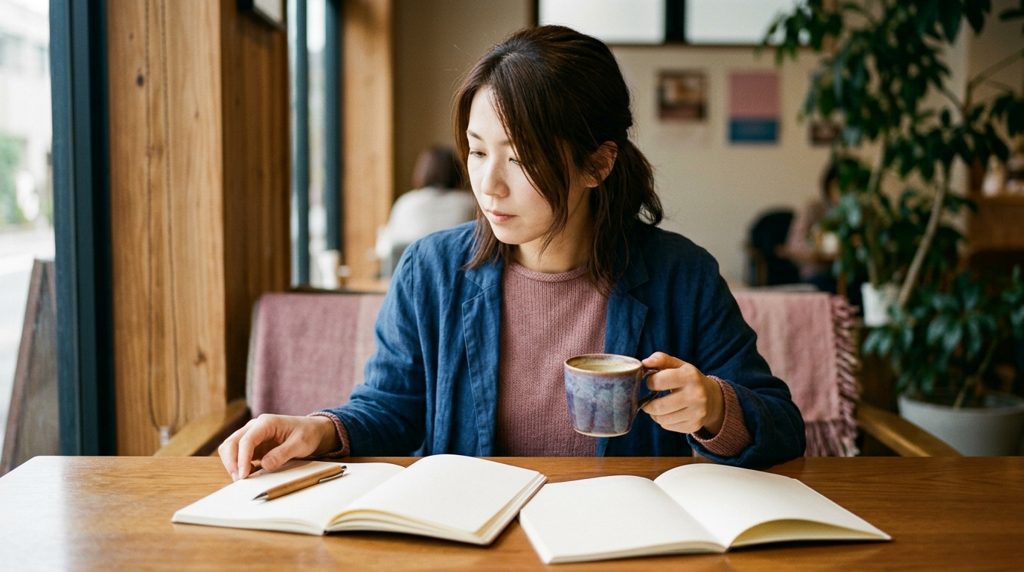 カフェのテーブルで二冊のノートを見つめる人の手元