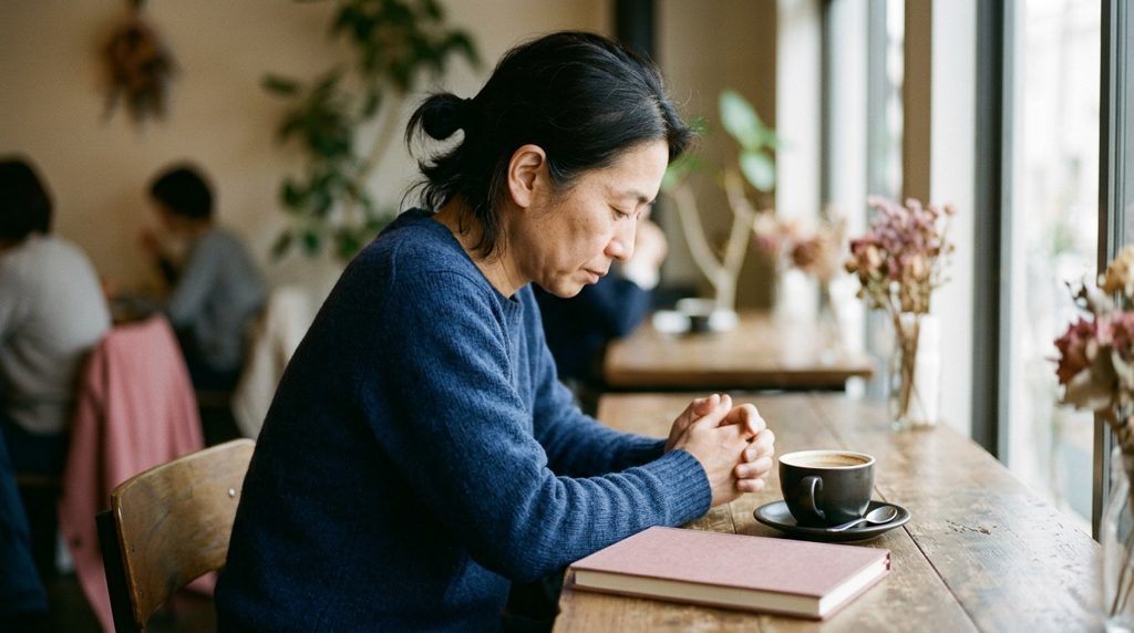 カフェで静かに手帳を眺める人