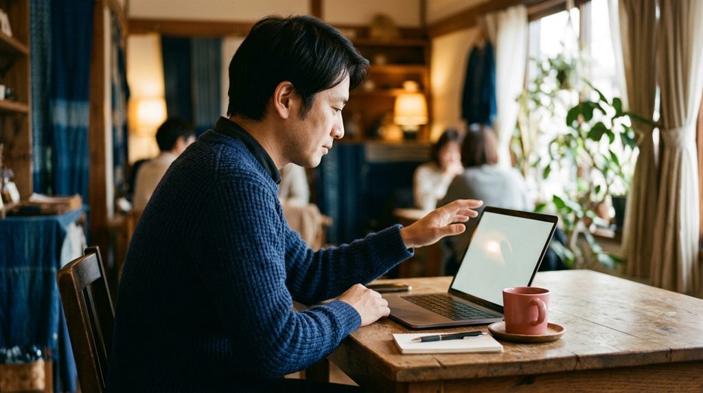 自宅でパソコンの画面を見つめ検討する様子