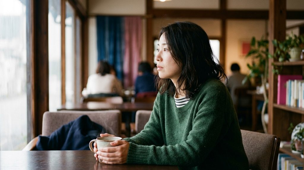 カフェで温かい飲み物を持ち、考え込んでいる女性の横顔