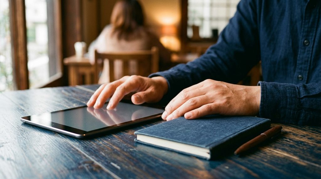 カフェのテーブルでタブレットとノート、ペンに手を添える様子