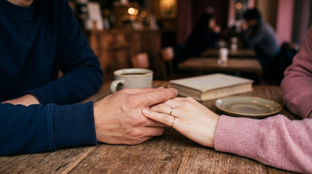 カフェのテーブルで重ねられた男女の手。女性の指に指輪が見える。
