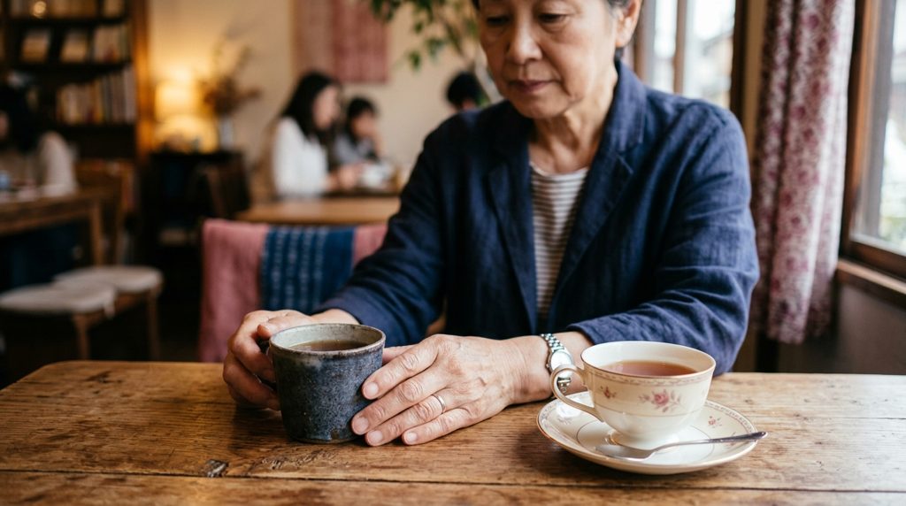 カフェのテーブルで、二つの異なるカップを前に考え込む手元の様子。