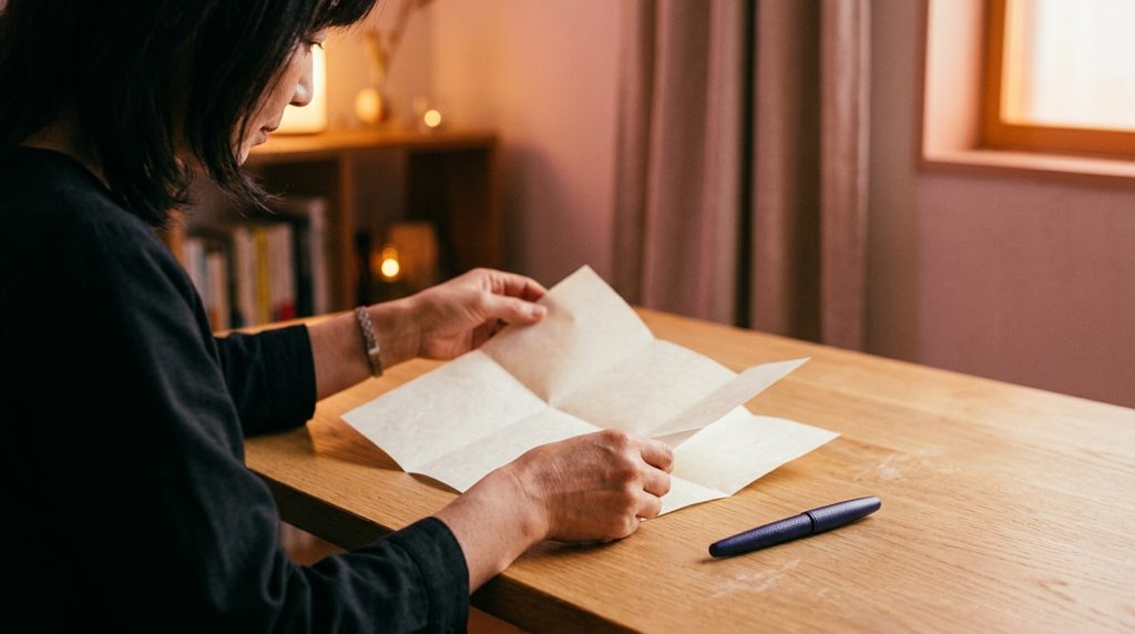 机の上で書類を確認する日本人の手元
