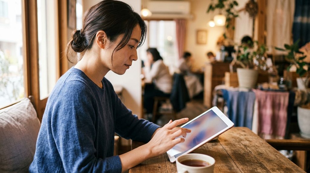 カフェでタブレットを操作する女性の手元
