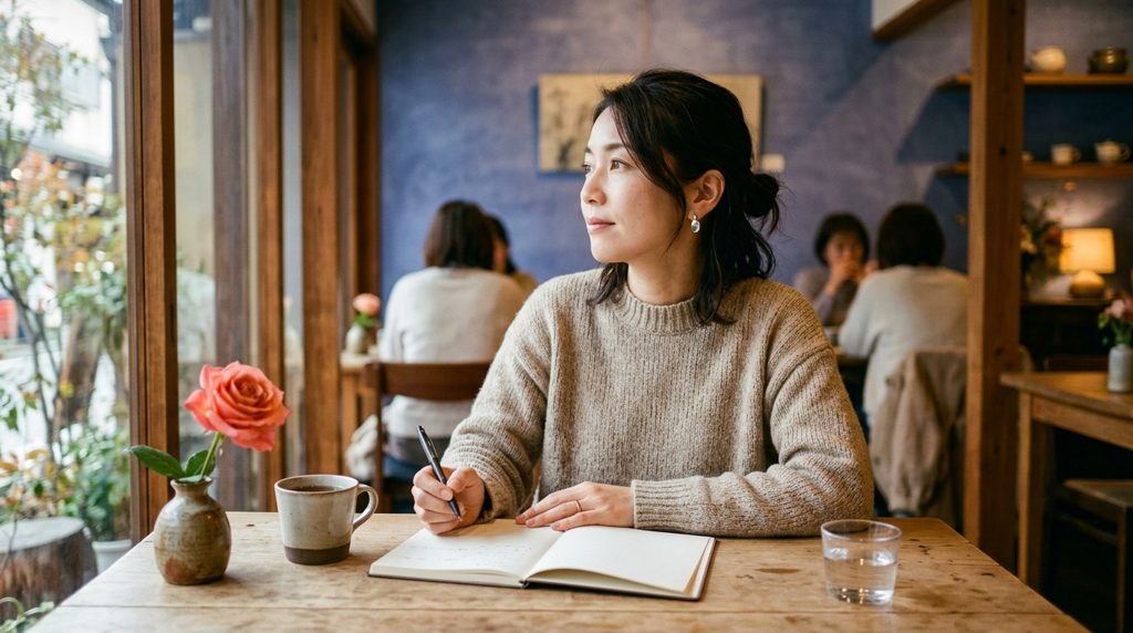 カフェでノートを見つめ考える女性