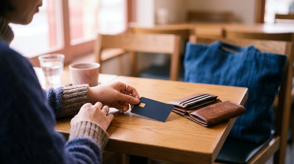 カフェテーブルにカードを置く手元