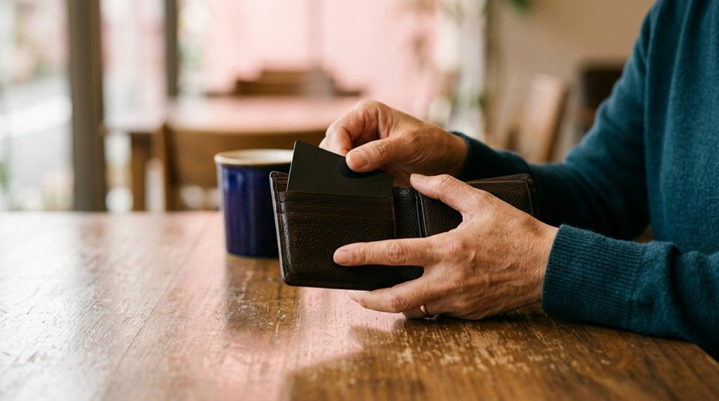 カフェのテーブルでカードを取り出す手